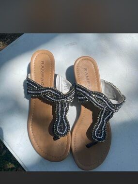 Rampage Black and Silver Beaded Thong Sandals